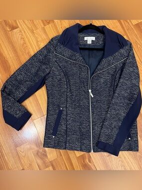 Christopher & Banks Navy Tweed Zip Blazer with Solid Panels